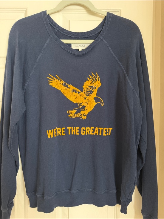 THE GREAT. Tops - The Great. Navy Graphic Eagle Sweatshirt - Yellow Print